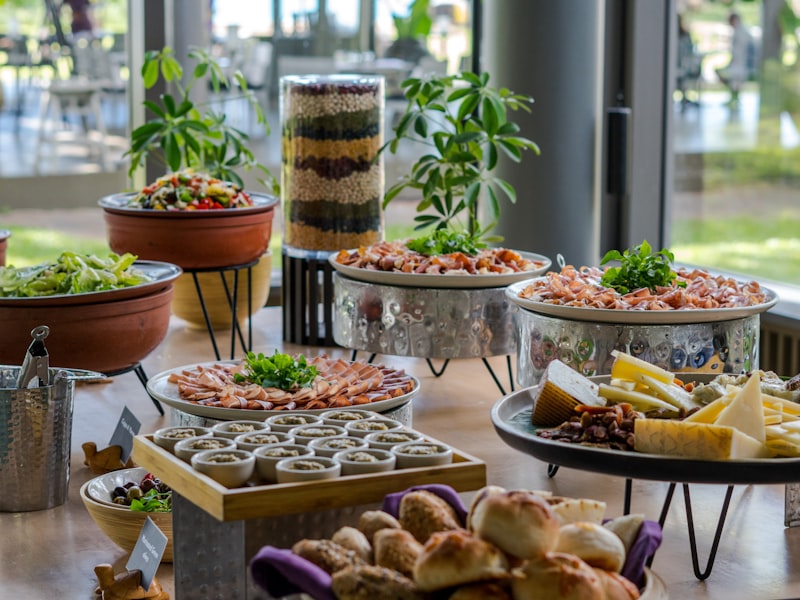 Spread of vegetarian dishes set out for an evening dinner service